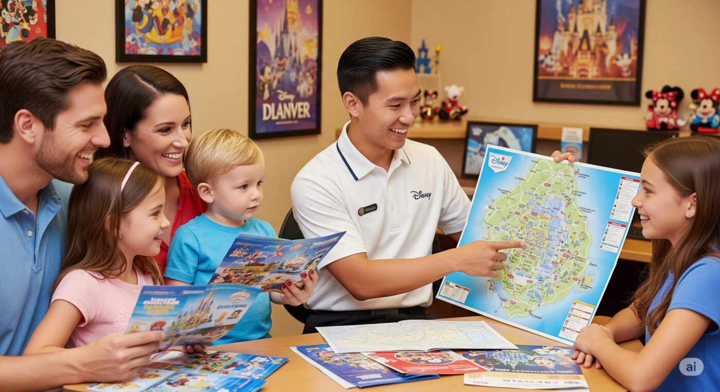 Disney travel agent working with a family showing the Disney park in a map