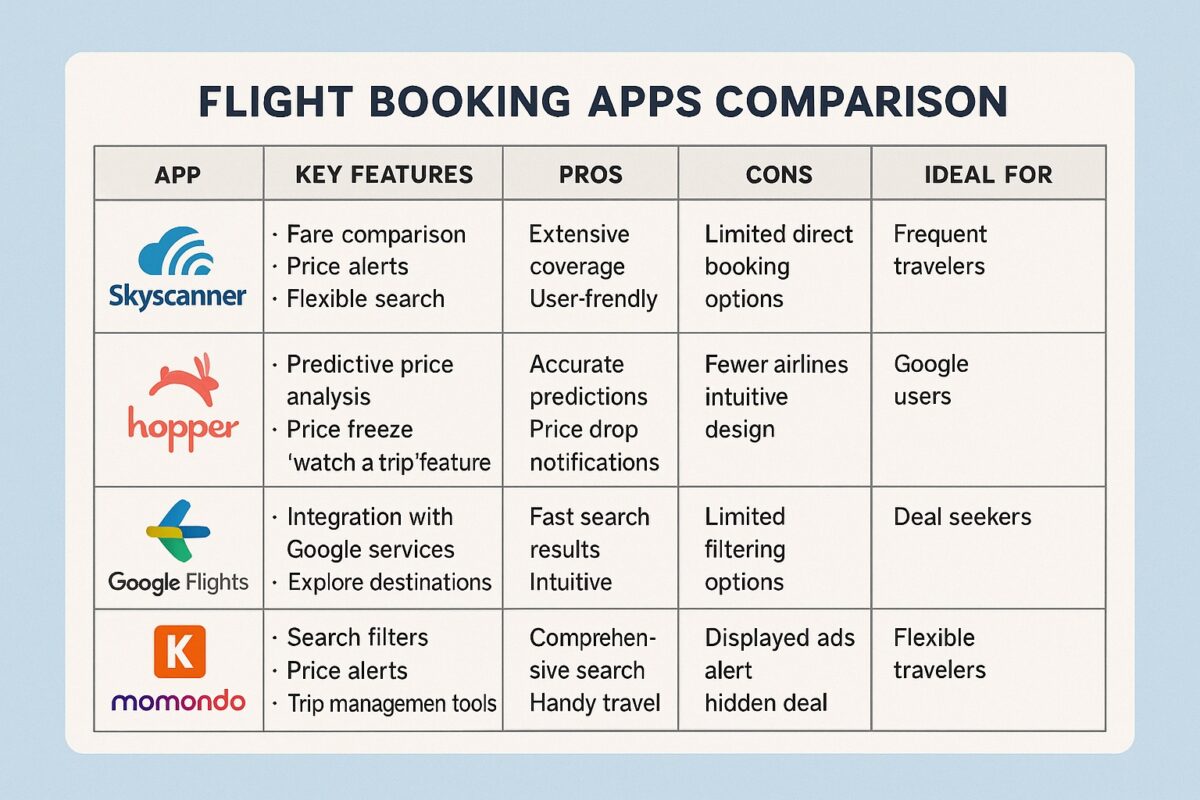 flight booking apps comparison table for Skyscanner, Hopper, Google Flights and Momondo