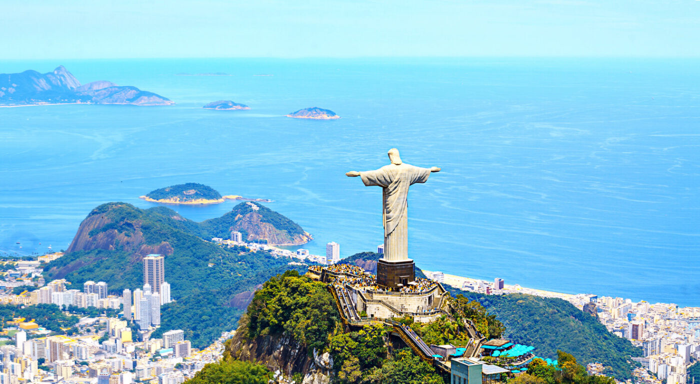 Aerial view of Rio de Janeiro, Brazil, featuring Christ the Redeemer on Corcovado Mountain, highlighting a popular destination related to Brazil eVisa requirement
