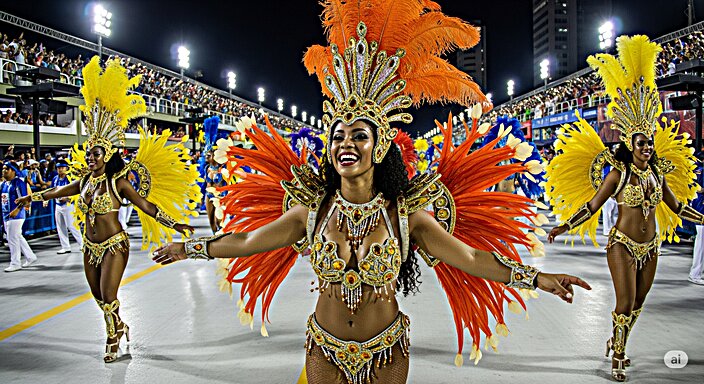 Brazilian carnival. Beautiful Dancers in outfit with feathers and wings enjoying the parade, smile to crowd