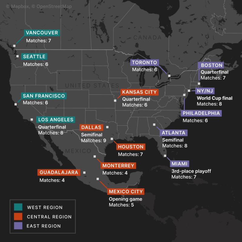 Map showing the FIFA World Cup 2026 host cities and venues across North America