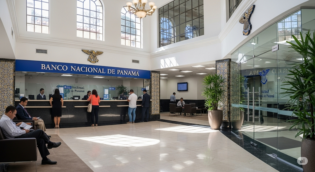 Interior of of Panamanian bank 'Banco Nacional De Panama' with customers in it, standing and sitting down