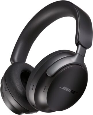 A product photograph showcasing the Bose QuietComfort Ultra Bluetooth Headphones in black. The headphones are angled slightly to the right, revealing the plush earcups, sleek headband, and the subtle Bose logo on the side. These headphones are often lauded as a top contender for the title of "best travel gadget" due to their noise-canceling technology and comfort.