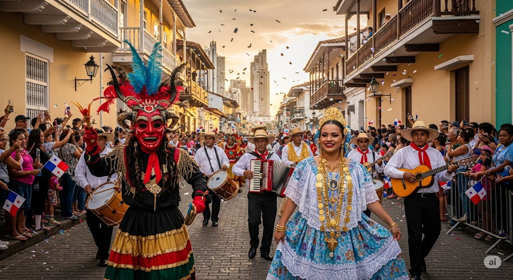 Many people in the streets celebrating a local festival in the streets of Casco Viejo in Panama City, Panama