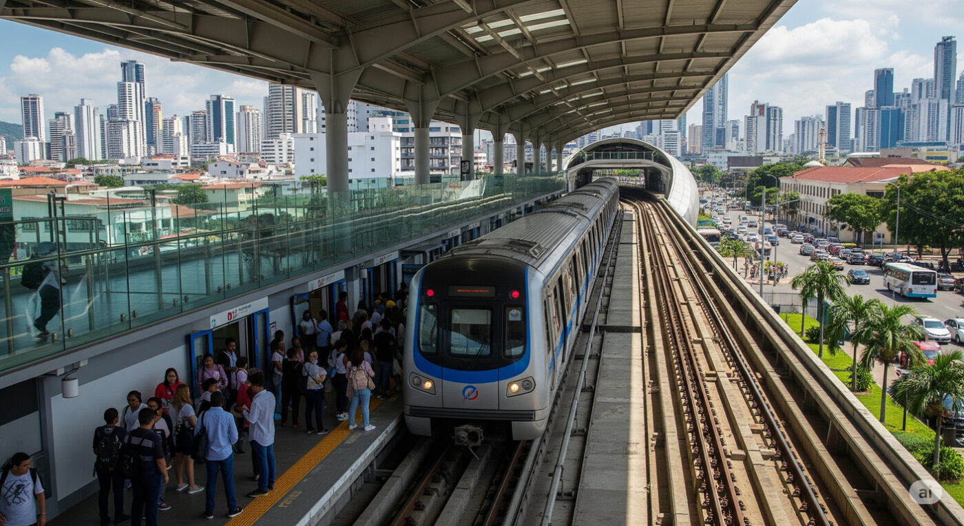 A slightly elevated, horizontal shot of a sleek silver and blue Panama Metro train stopped at an outdoor station. People stand on the platform and inside the train, which has its doors open. The station is modern with a curving, arched roof supported by white pillars. The metro tracks extend to the right and left, and in the background is a vibrant cityscape with both high-rise buildings and older, colorful architecture