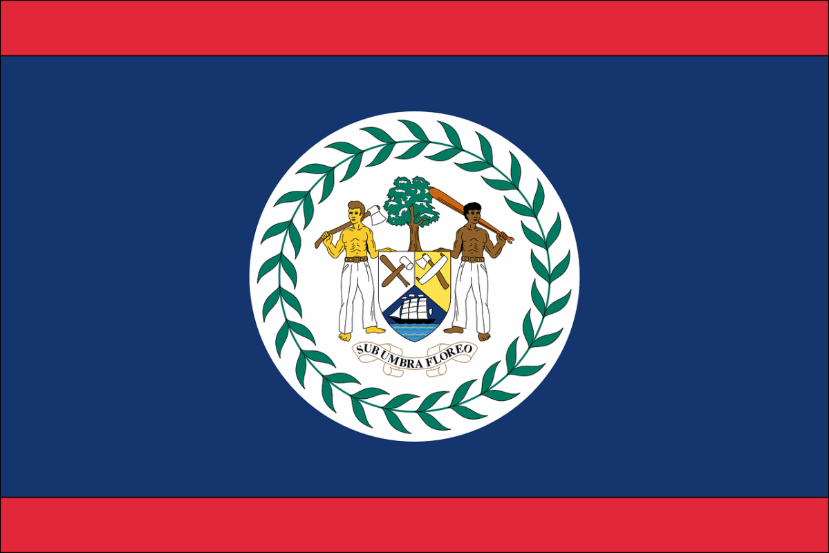 A full-frame image of the national flag of Belize. The flag has a blue background with a red stripe along the top and bottom. In the center, a white disc contains the country's coat of arms, which features a mahogany tree, a shield, and two men holding tools. This national symbol represents the history and heritage that one experiences when living in Belize.