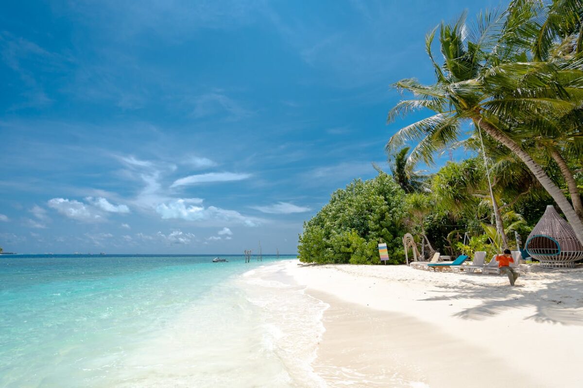 A beautiful tropical beach scene featuring a white-sand beach and turquoise water under a bright blue sky with scattered clouds. On the right side of the image, several tall palm trees lean over the sand, and a person is sitting on a swing attached to one of the trees. The water is calm, with a few small boats visible in the distance.